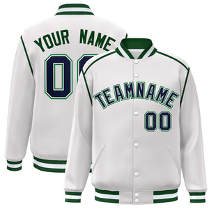 Custom White Navy-Green Color Block Ribbon Varsity Full-Snap Bomber Jacket