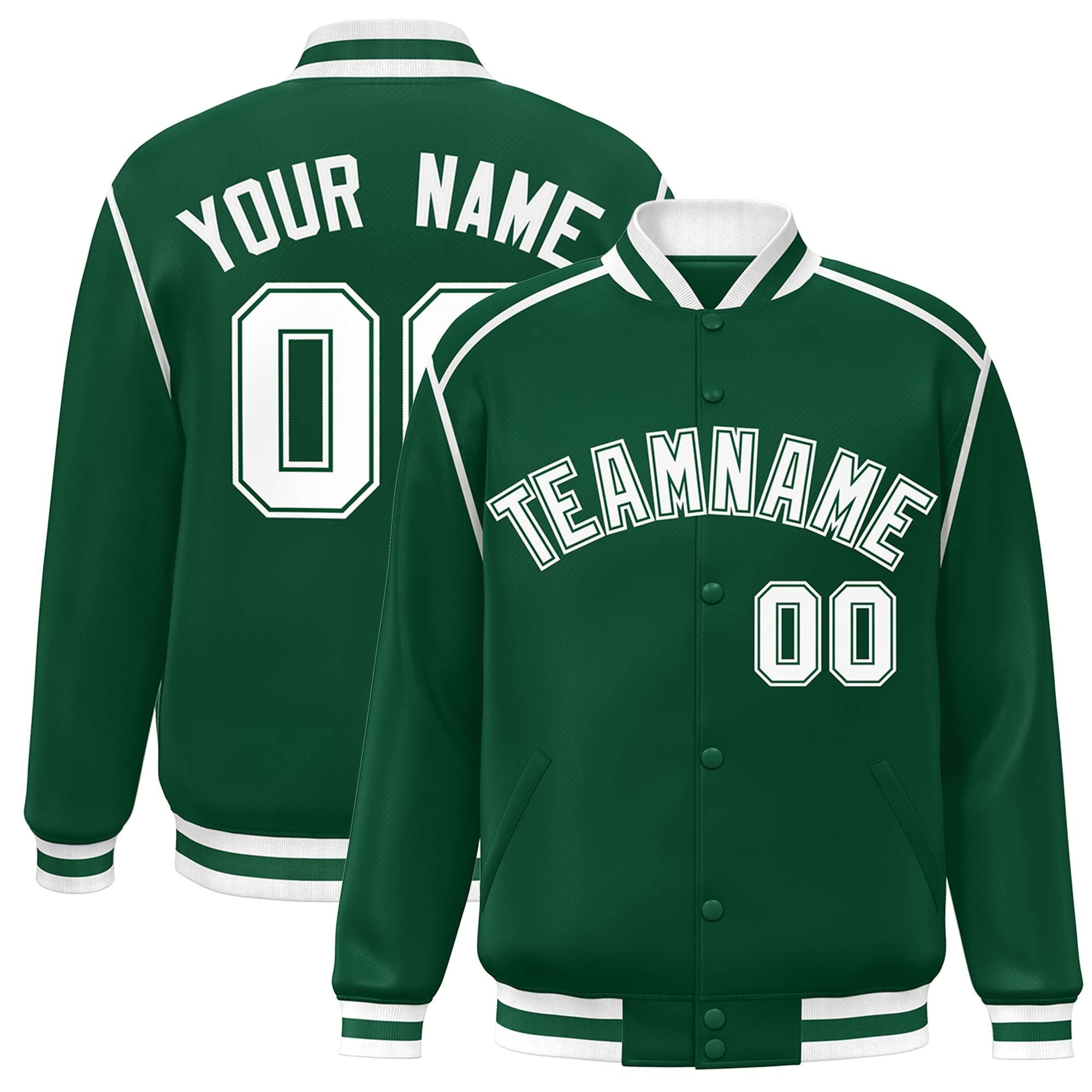 Custom Green White Color Block Ribbon Varsity Full-Snap Bomber Jacket