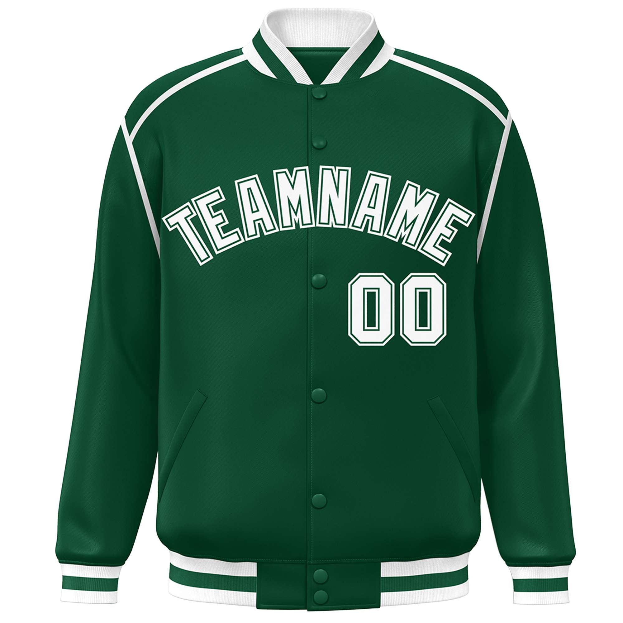 Custom Green White Color Block Ribbon Varsity Full-Snap Bomber Jacket