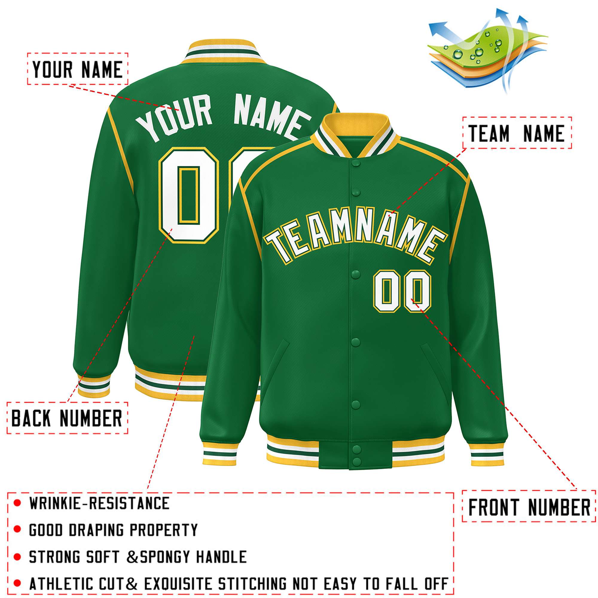 Custom Kelly Green White-Yellow Color Block Ribbon Varsity Full-Snap Bomber Jacket