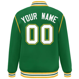 Custom Kelly Green White-Yellow Color Block Ribbon Varsity Full-Snap Bomber Jacket