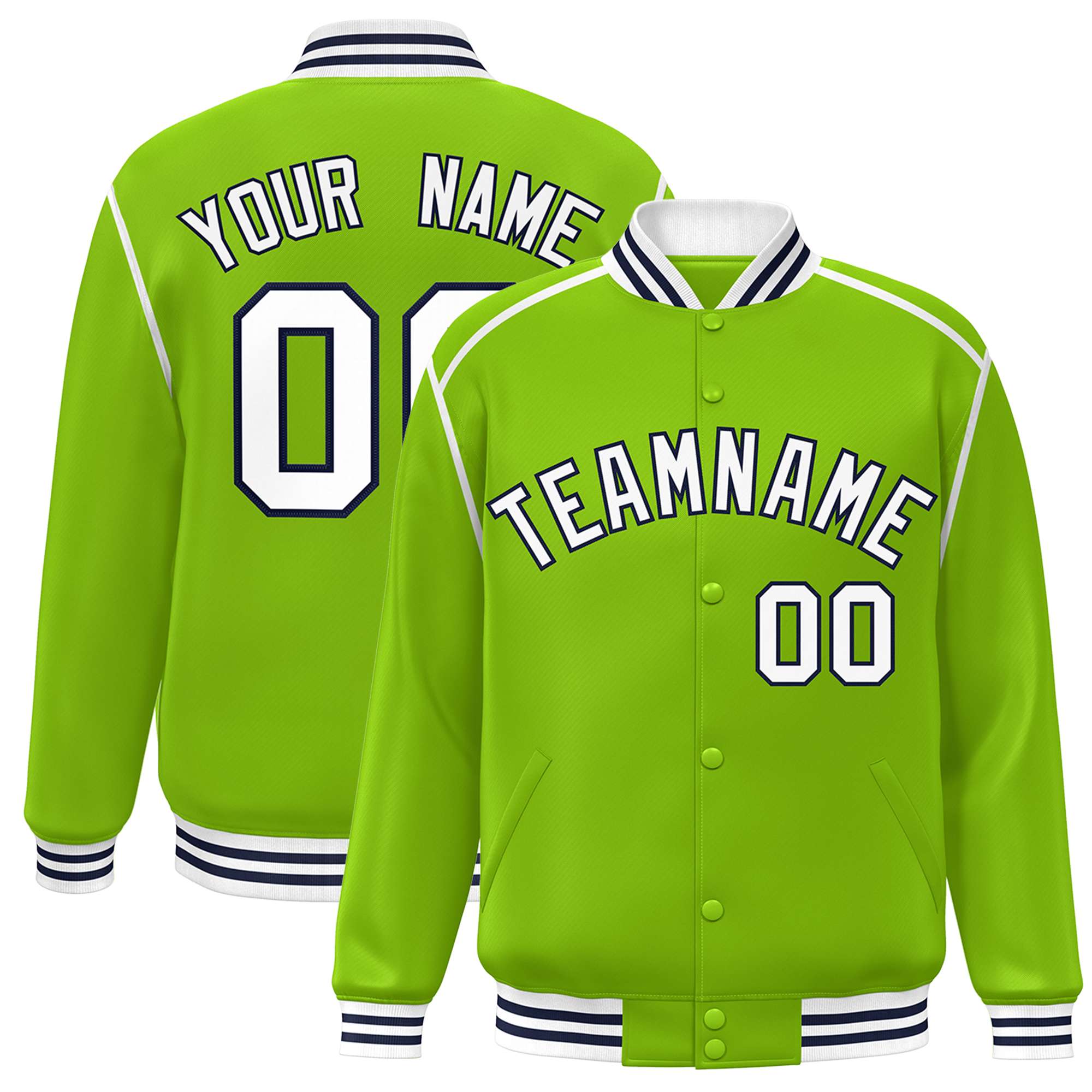 Custom Neon Green White-Navy Color Block Ribbon Varsity Full-Snap Bomber Jacket