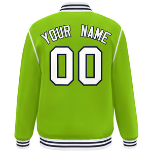 Custom Neon Green White-Navy Color Block Ribbon Varsity Full-Snap Bomber Jacket