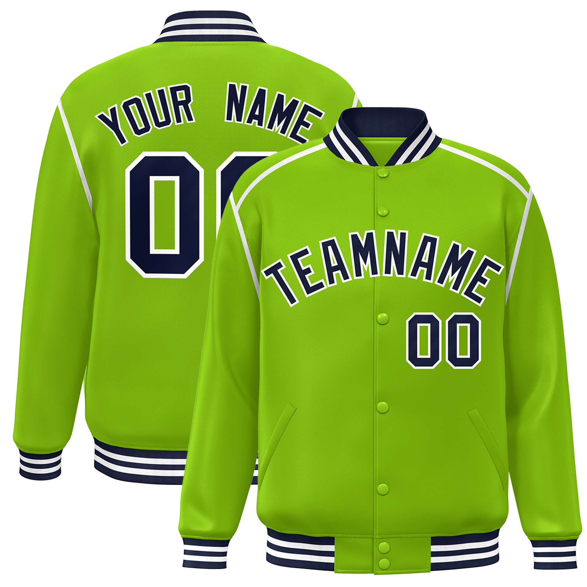 Custom Neon Green Navy-White Color Block Ribbon Varsity Full-Snap Bomber Jacket