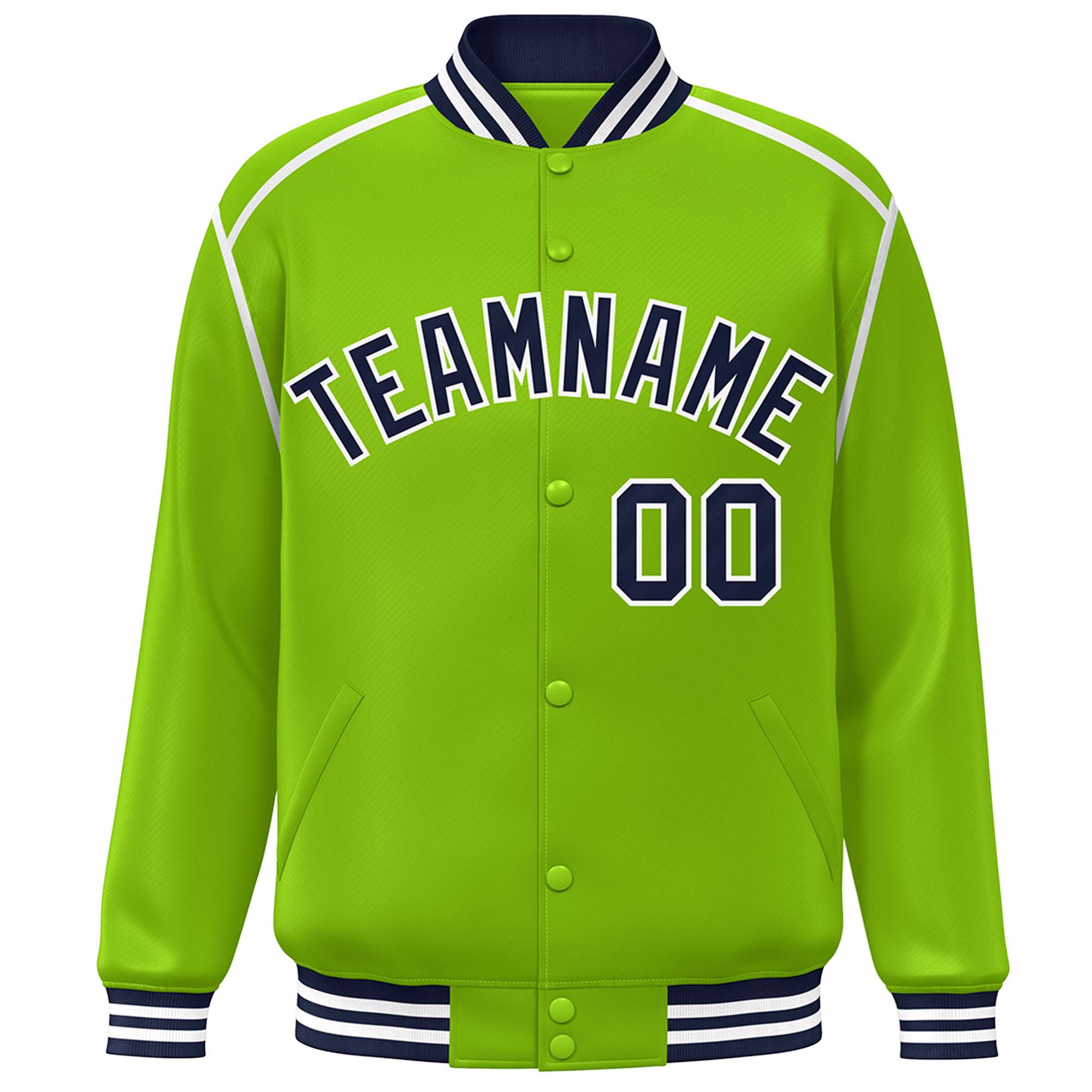 Custom Neon Green Navy-White Color Block Ribbon Varsity Full-Snap Bomber Jacket