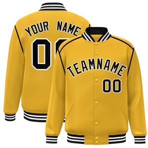 Custom Yellow Black-White Color Block Ribbon Varsity Full-Snap Bomber Jacket