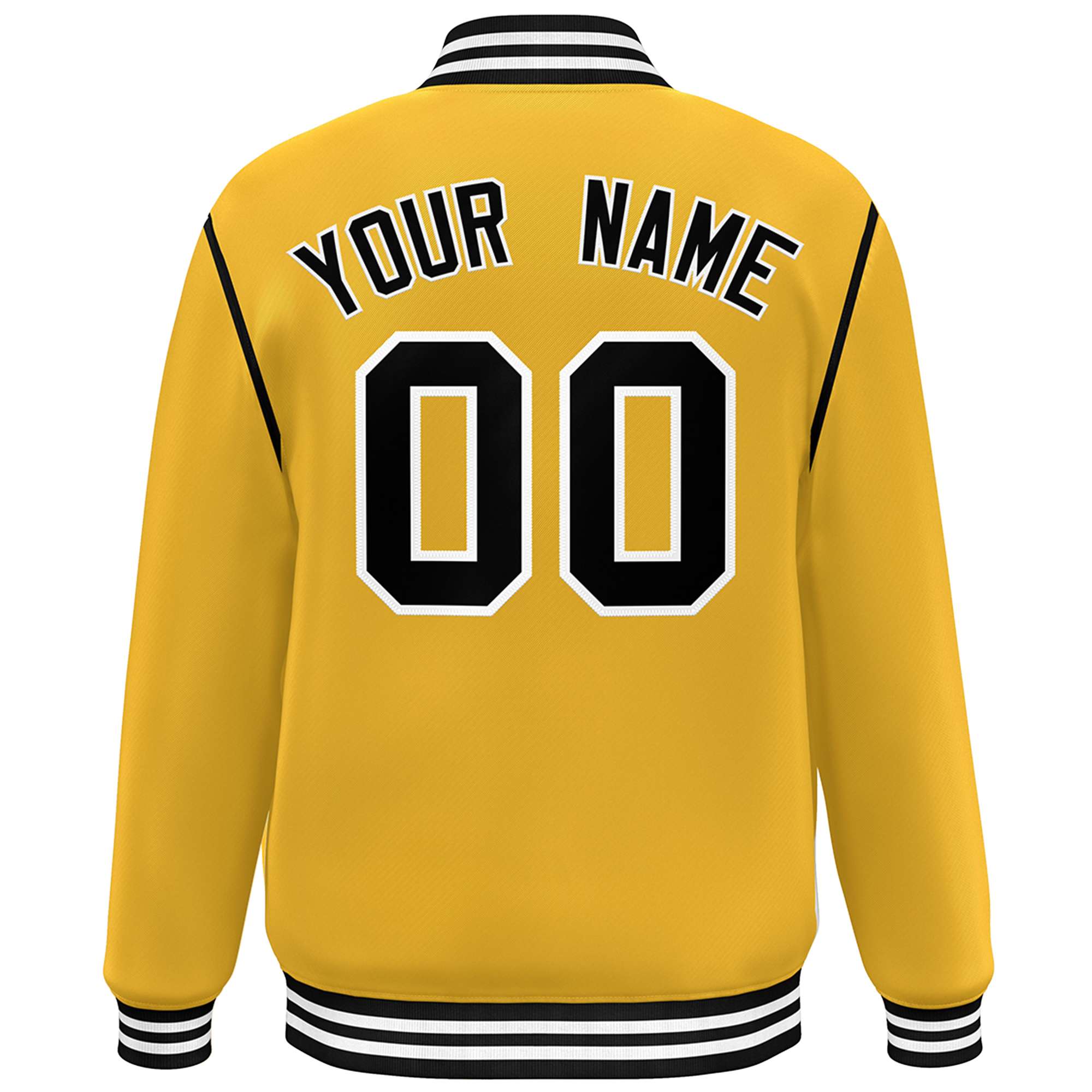 Custom Yellow Black-White Color Block Ribbon Varsity Full-Snap Bomber Jacket