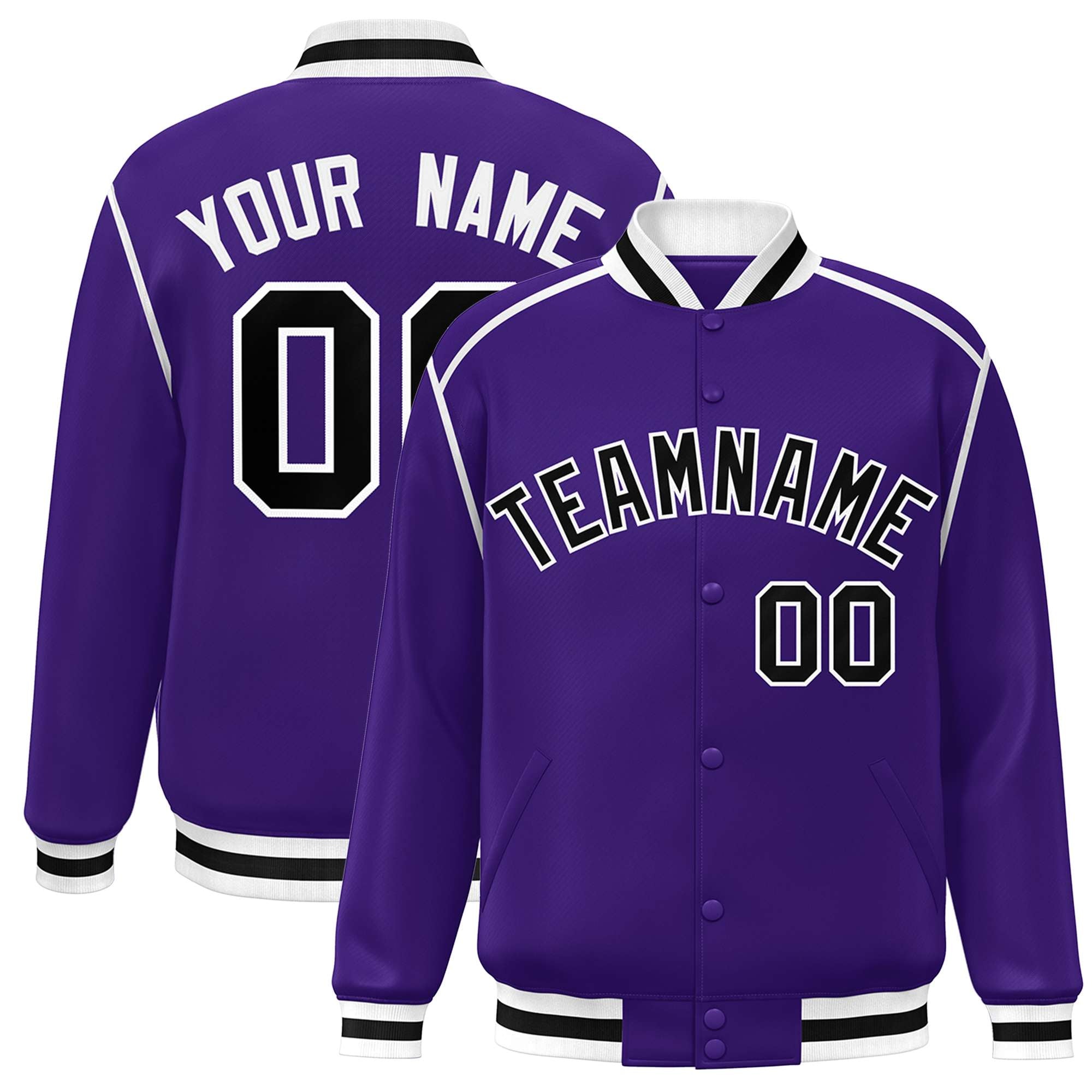 Custom Purple Black-White Color Block Ribbon Varsity Full-Snap Bomber Jacket