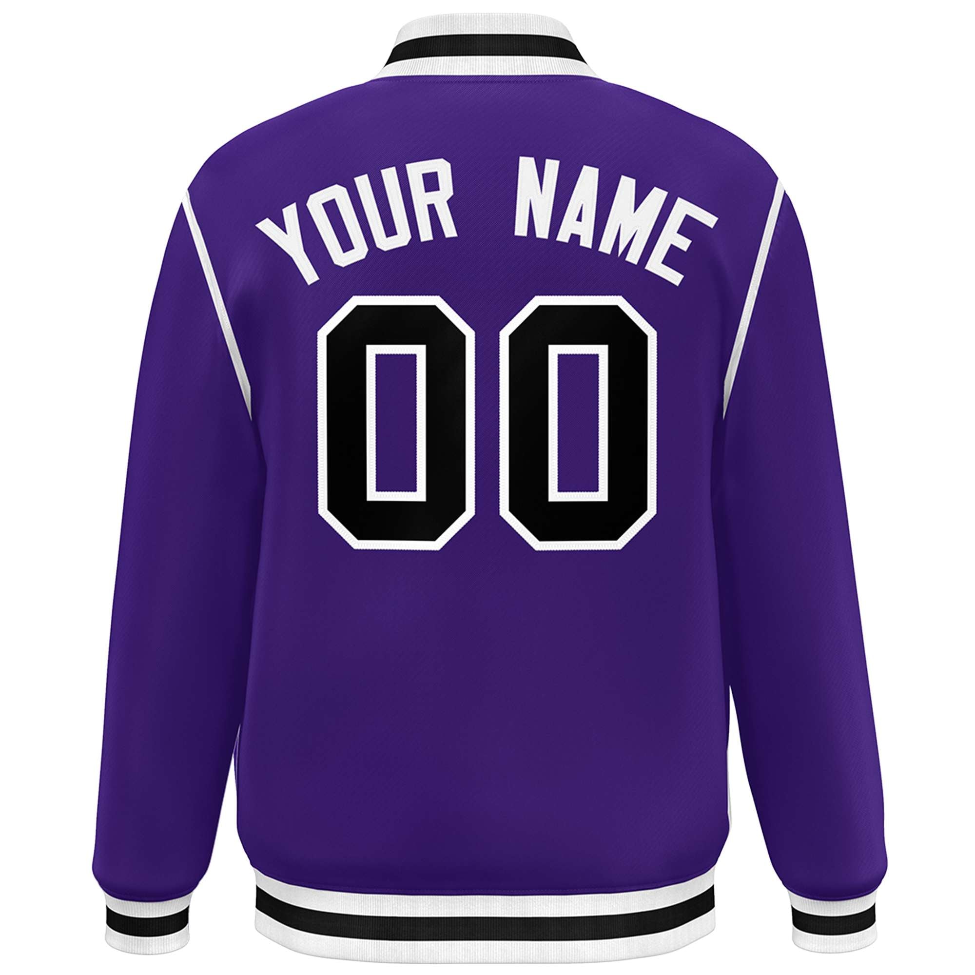 Custom Purple Black-White Color Block Ribbon Varsity Full-Snap Bomber Jacket