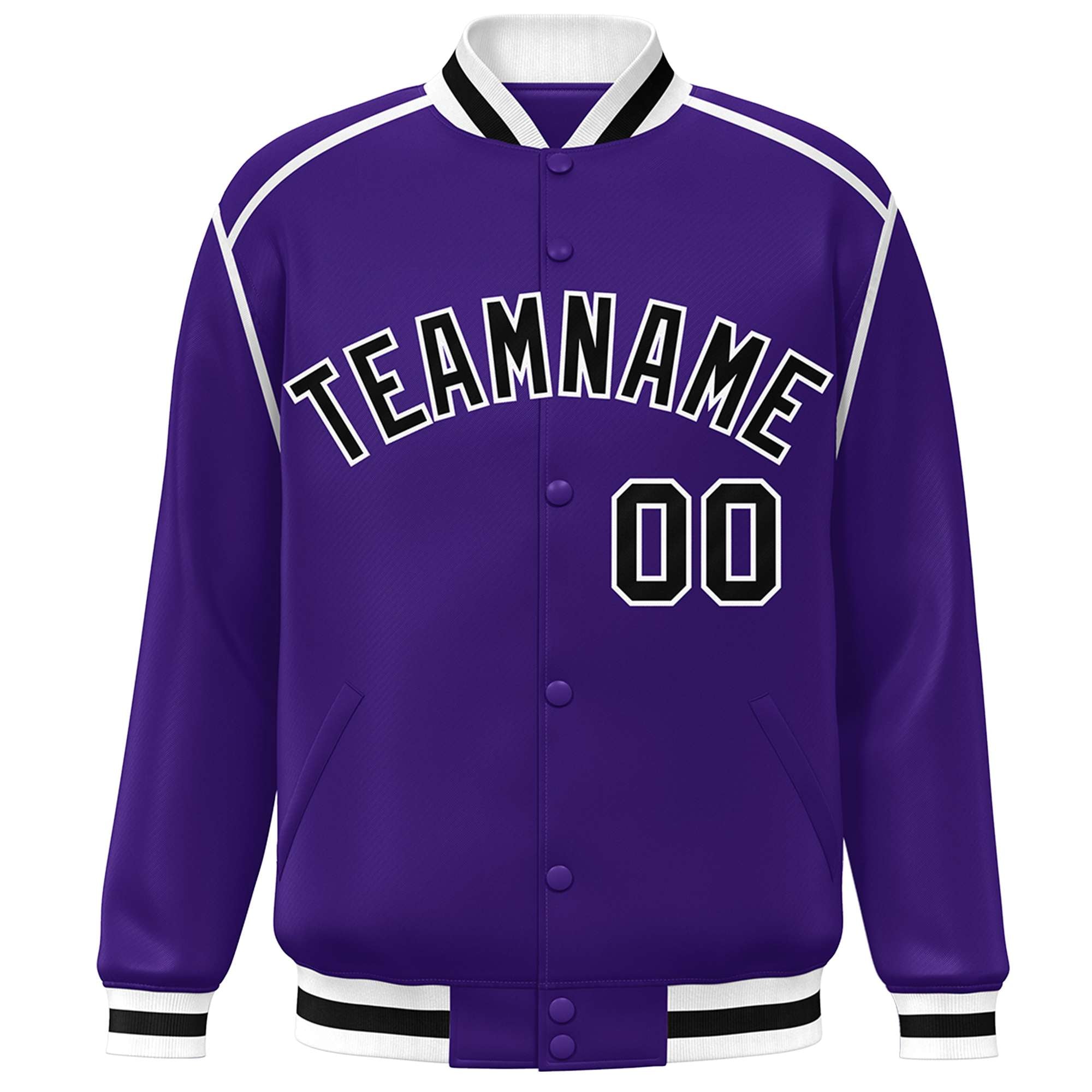 Custom Purple Black-White Color Block Ribbon Varsity Full-Snap Bomber Jacket