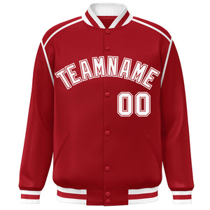 Custom Red White Color Block Ribbon Varsity Full-Snap Bomber Jacket