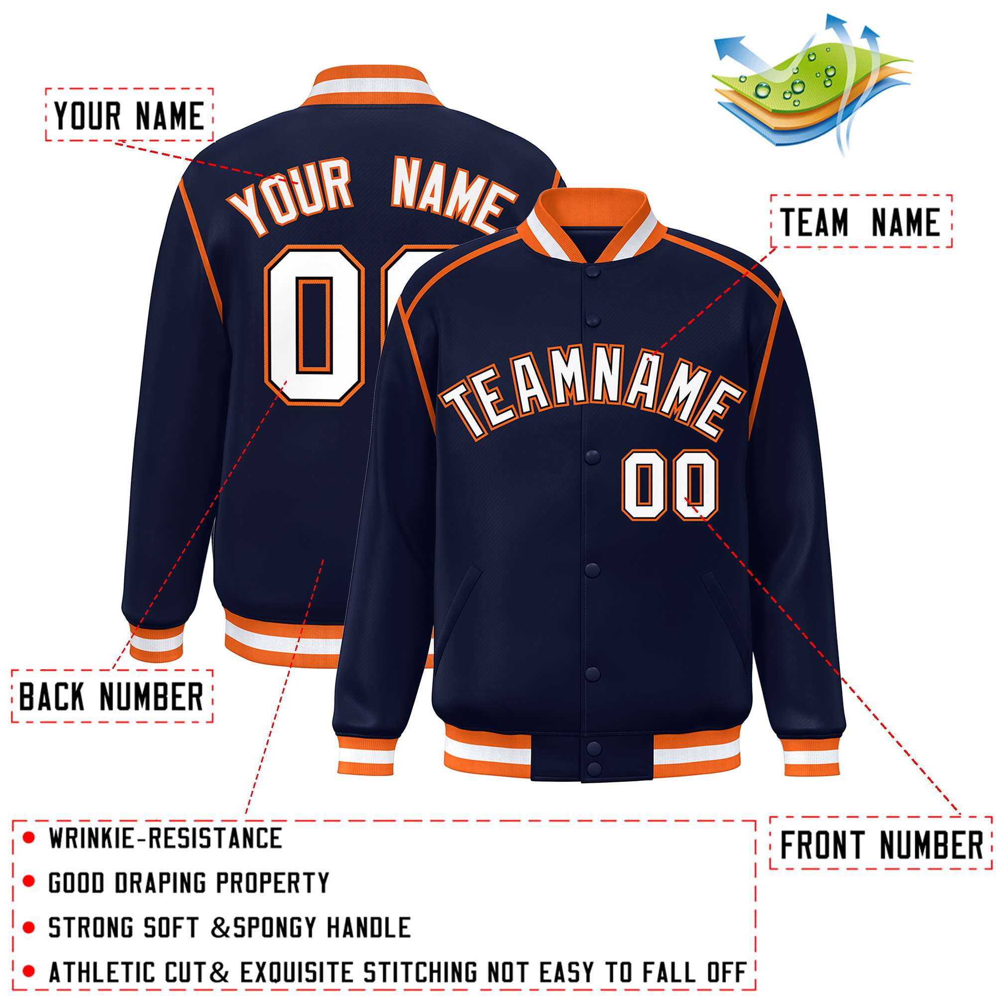 Custom Navy White-Orange Color Block Ribbon Varsity Full-Snap Bomber Jacket