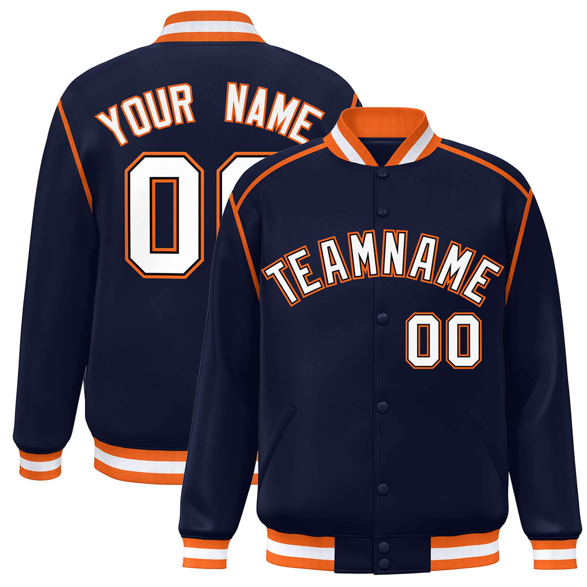 Custom Navy White-Orange Color Block Ribbon Varsity Full-Snap Bomber Jacket