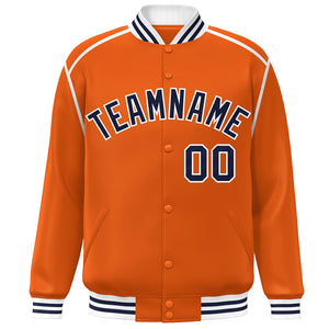 Custom Orange Navy-White Color Block Ribbon Varsity Full-Snap Bomber Jacket