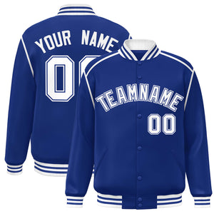 Custom Royal White Color Block Ribbon Varsity Full-Snap Bomber Jacket