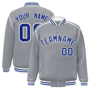 Custom Gray Royal-White Color Block Ribbon Varsity Full-Snap Bomber Jacket