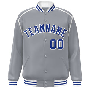 Custom Gray Royal-White Color Block Ribbon Varsity Full-Snap Bomber Jacket