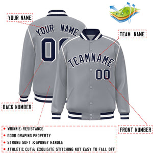 Custom Gray Navy-White Color Block Ribbon Varsity Full-Snap Bomber Jacket