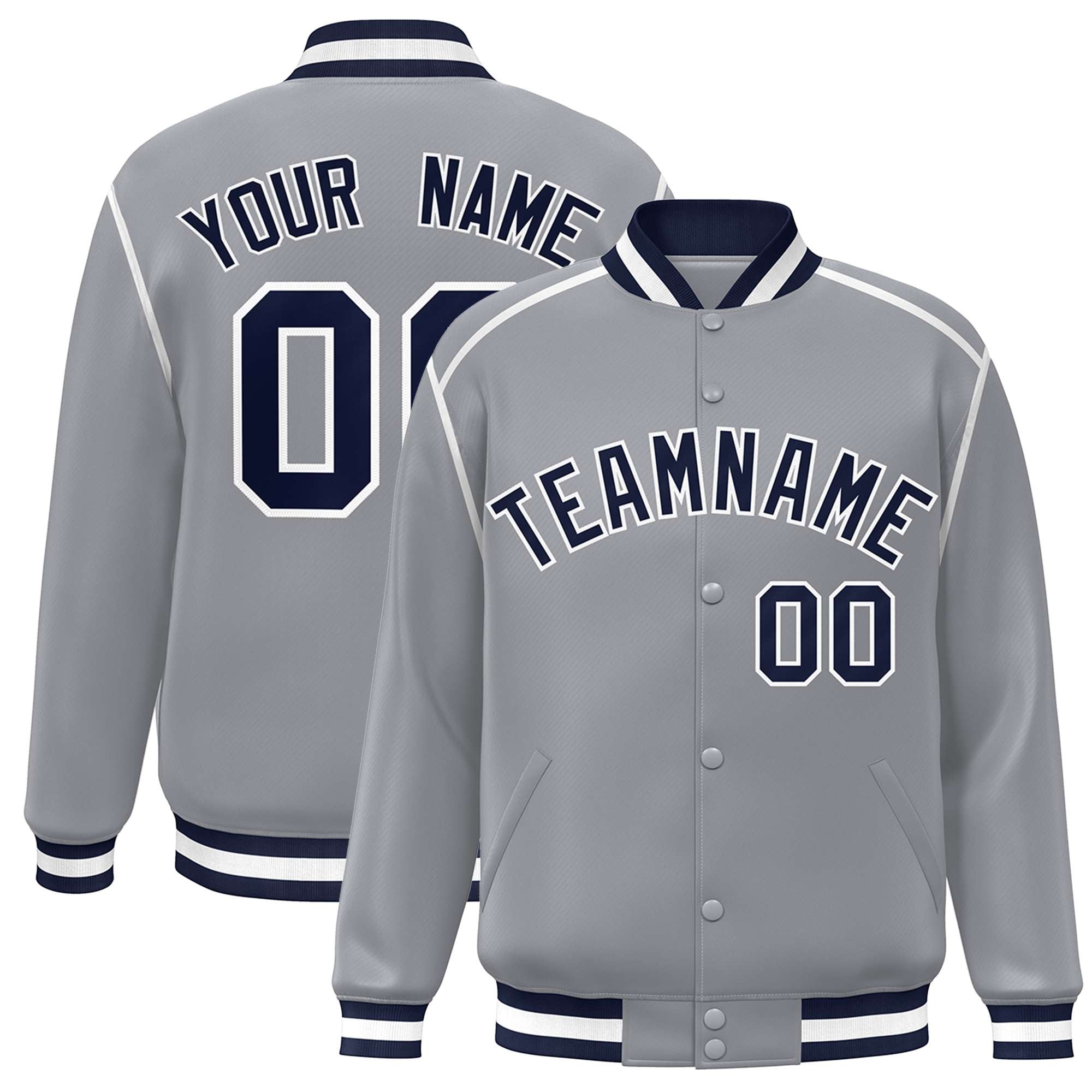 Custom Gray Navy-White Color Block Ribbon Varsity Full-Snap Bomber Jacket