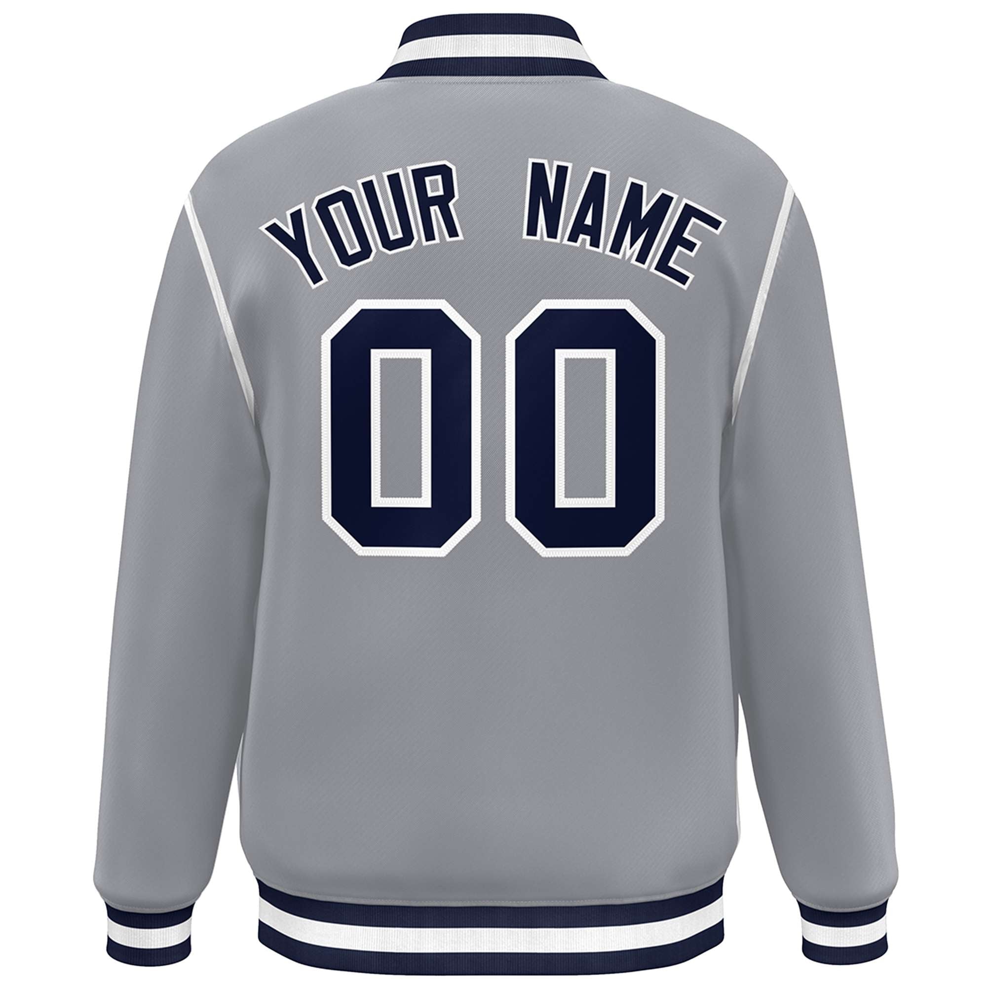 Custom Gray Navy-White Color Block Ribbon Varsity Full-Snap Bomber Jacket