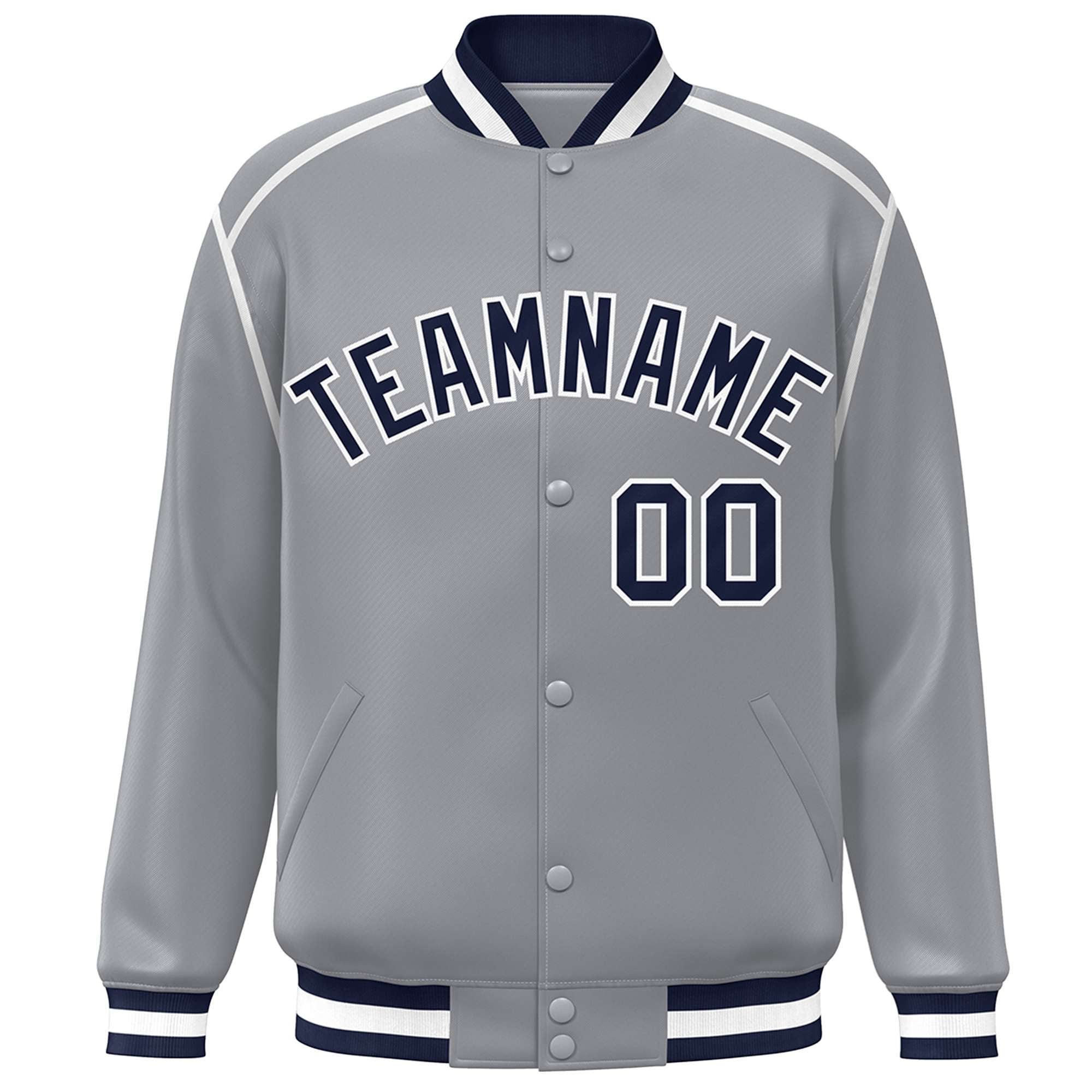 Custom Gray Navy-White Color Block Ribbon Varsity Full-Snap Bomber Jacket