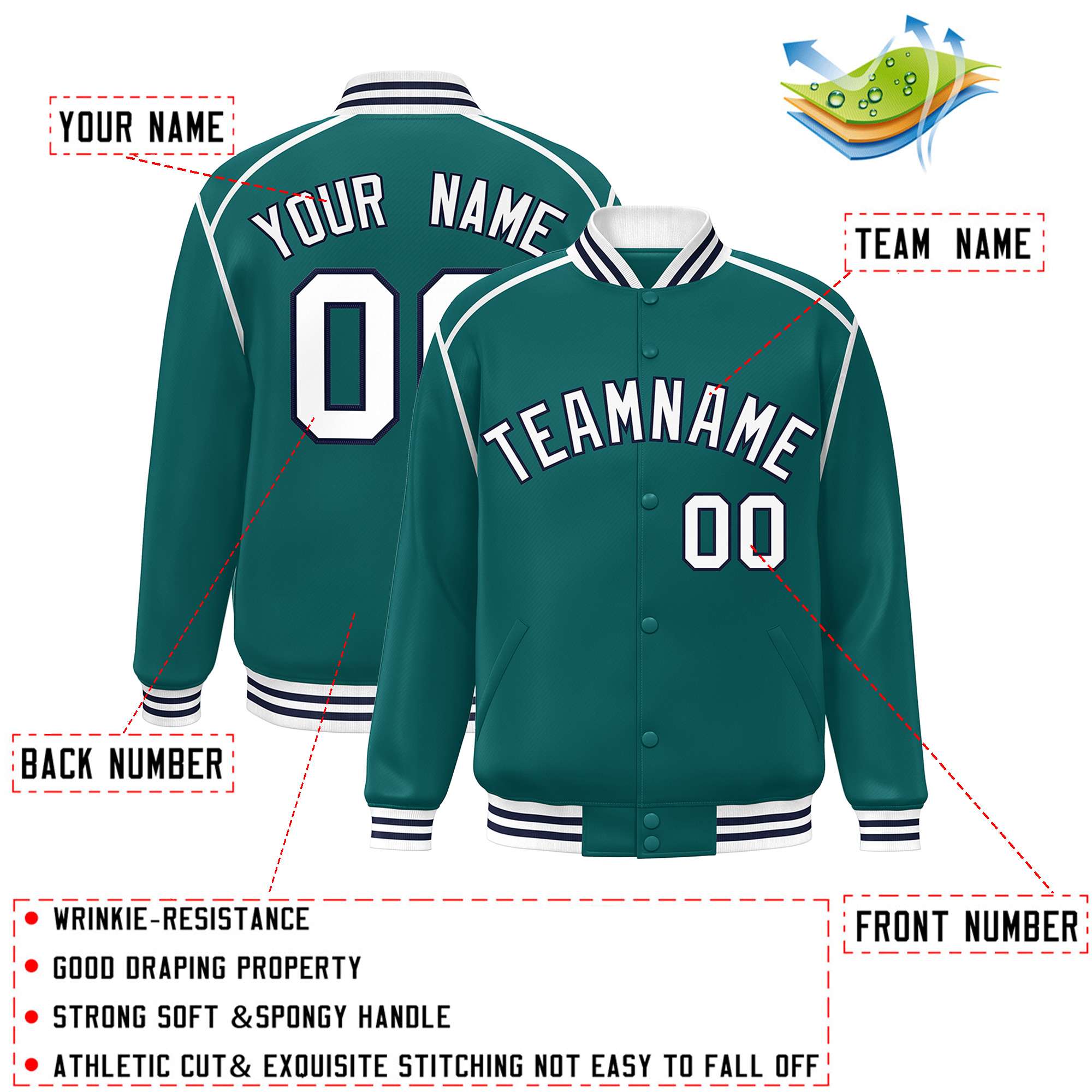 Custom Aqua White-Navy Color Block Ribbon Varsity Full-Snap Bomber Jacket