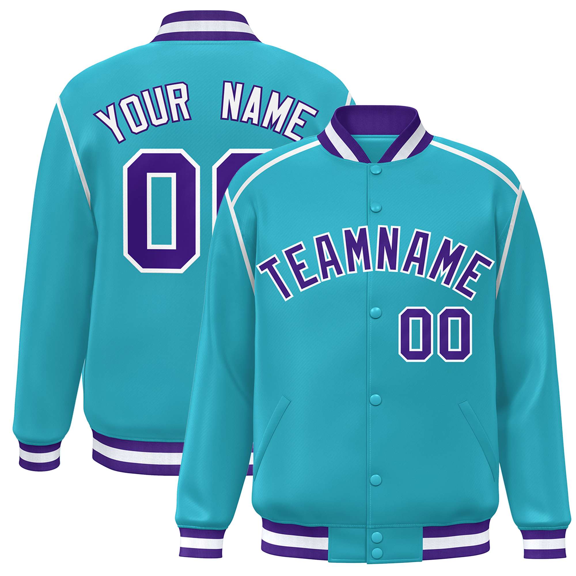 Custom Aqua Purple-White Color Block Ribbon Varsity Full-Snap Bomber Jacket