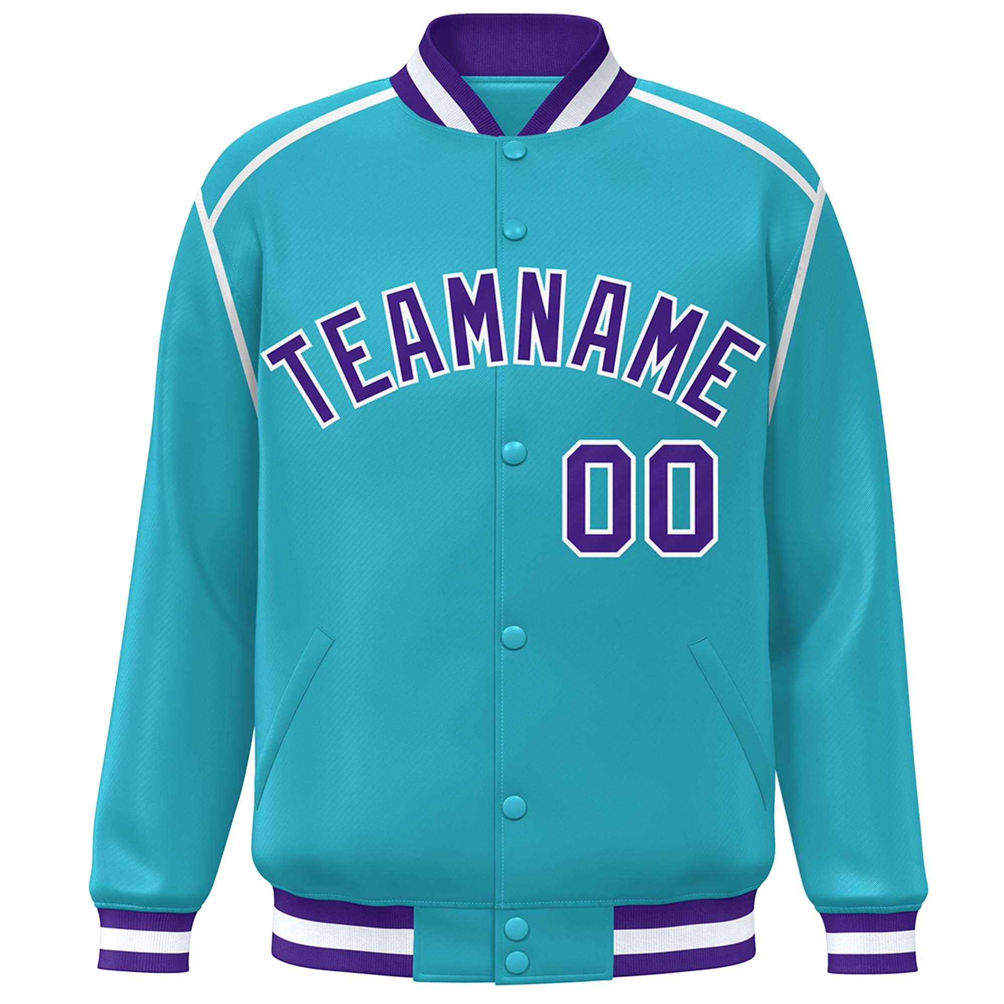 Custom Aqua Purple-White Color Block Ribbon Varsity Full-Snap Bomber Jacket