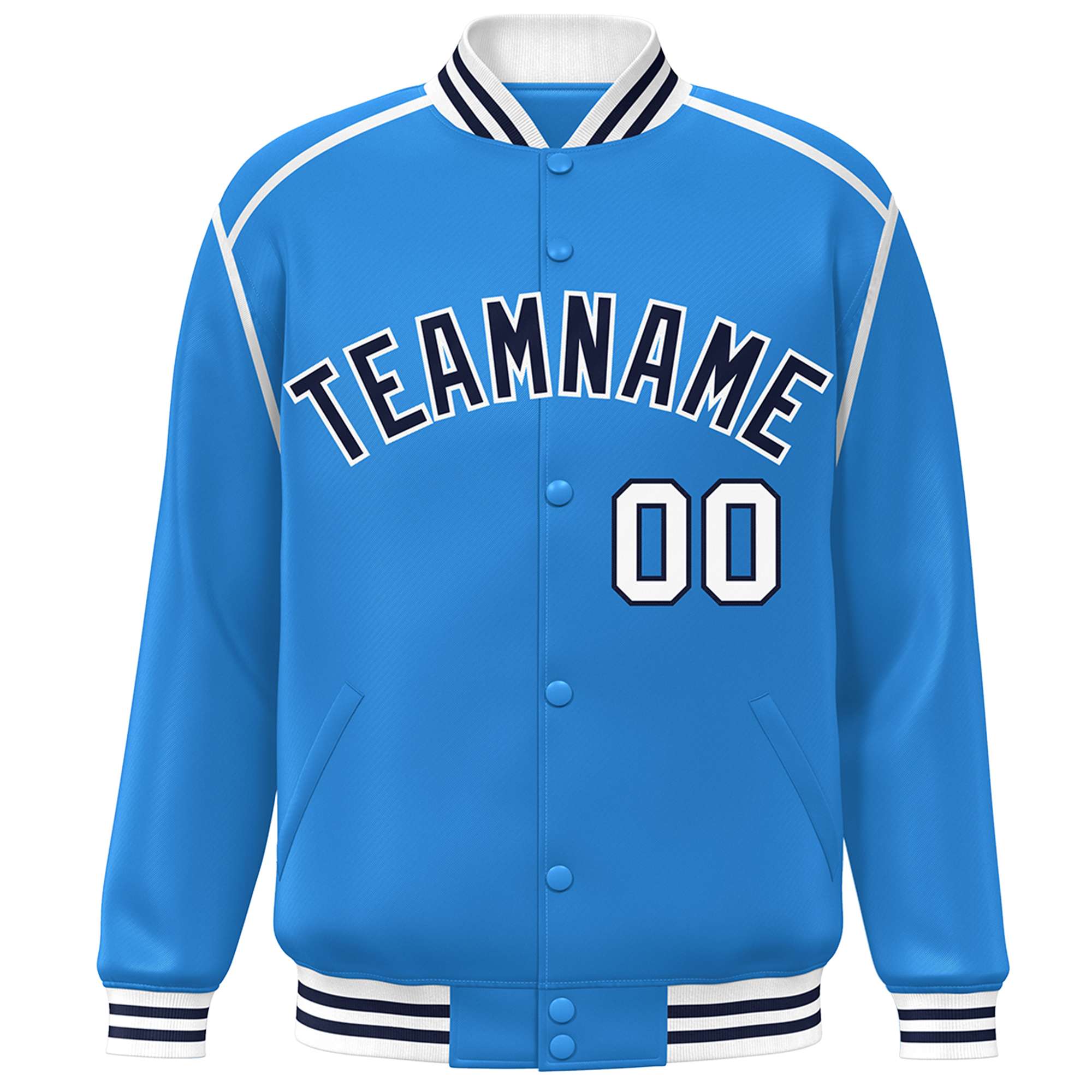 Custom Powder Blue Navy-White Color Block Ribbon Varsity Full-Snap Bomber Jacket