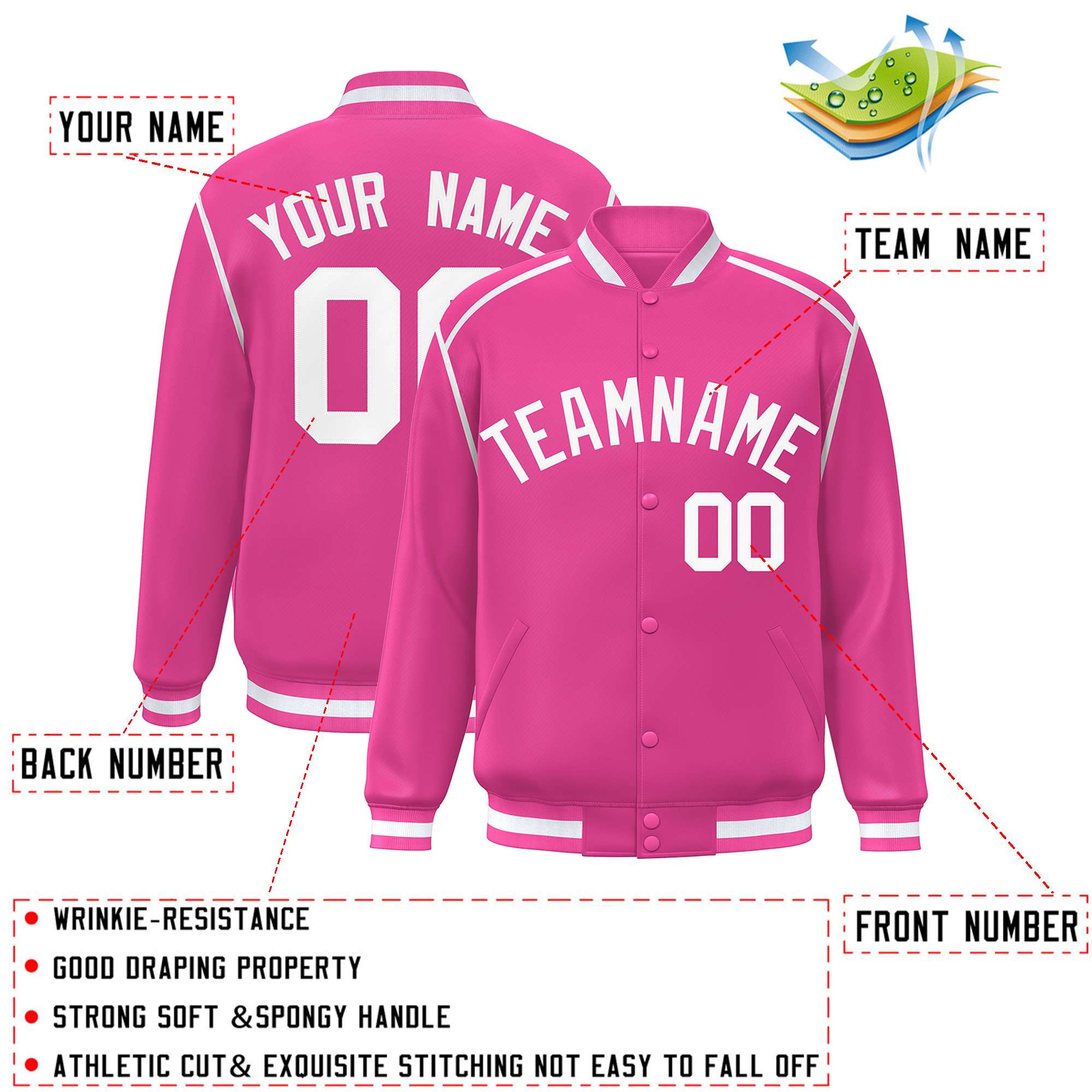 Custom Pink White Color Block Ribbon Varsity Full-Snap Bomber Jacket