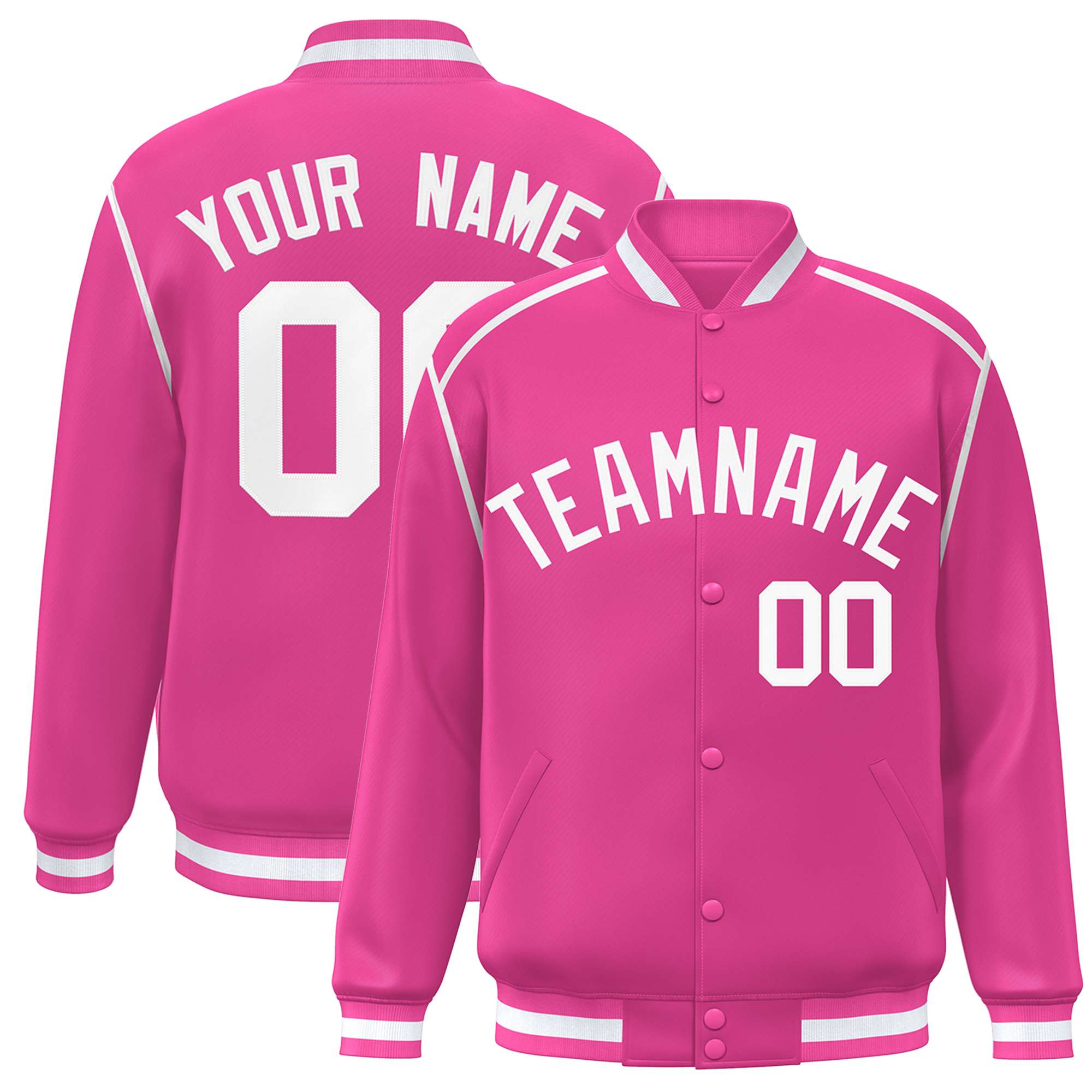 Custom Pink White Color Block Ribbon Varsity Full-Snap Bomber Jacket