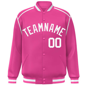 Custom Pink White Color Block Ribbon Varsity Full-Snap Bomber Jacket