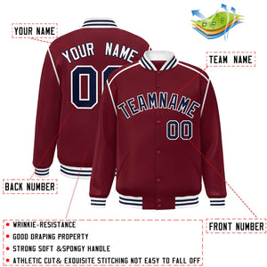 Custom Crimson Navy-White Color Block Ribbon Varsity Full-Snap Bomber Jacket