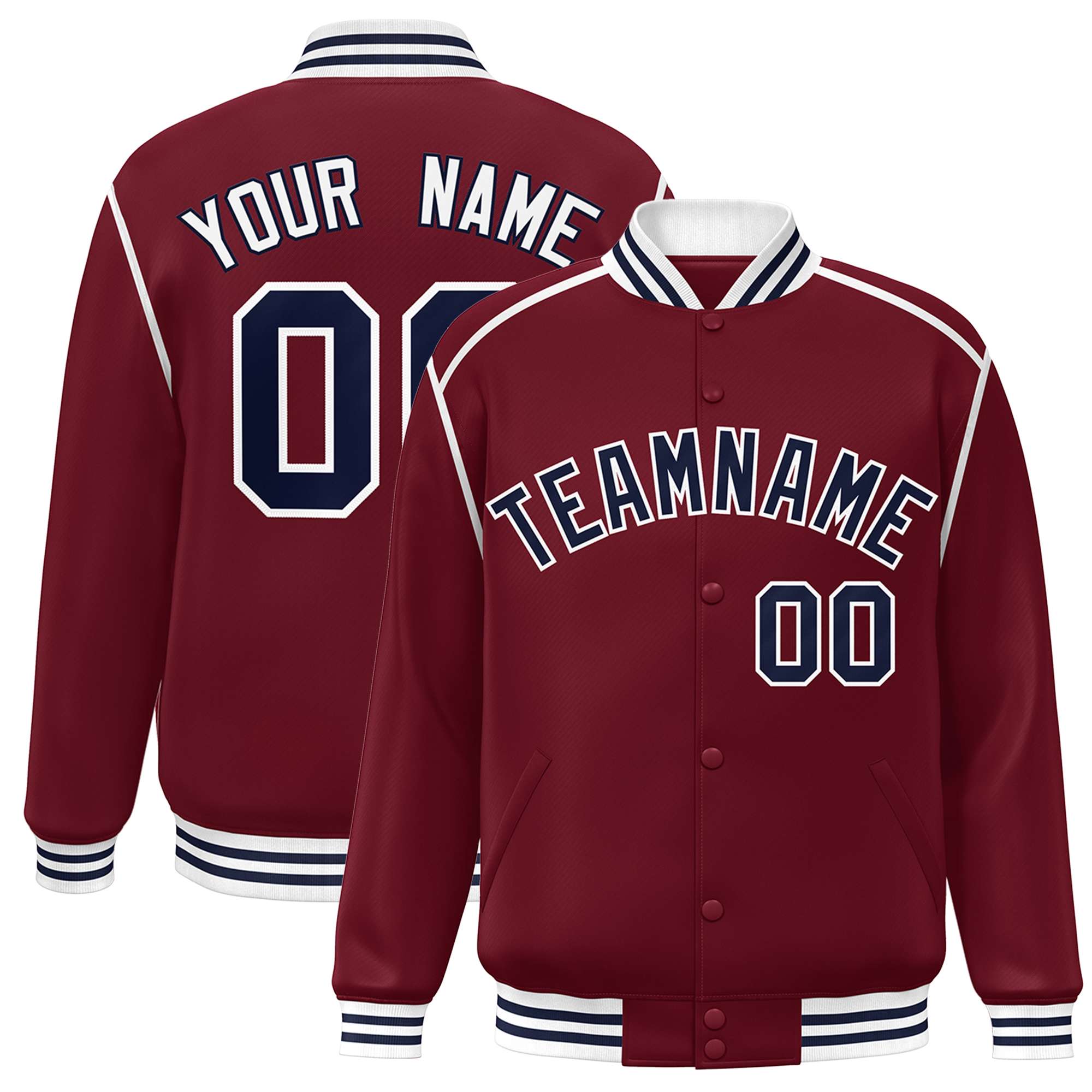 Custom Crimson Navy-White Color Block Ribbon Varsity Full-Snap Bomber Jacket