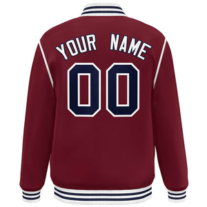 Custom Crimson Navy-White Color Block Ribbon Varsity Full-Snap Bomber Jacket