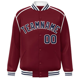 Custom Crimson Navy-White Color Block Ribbon Varsity Full-Snap Bomber Jacket