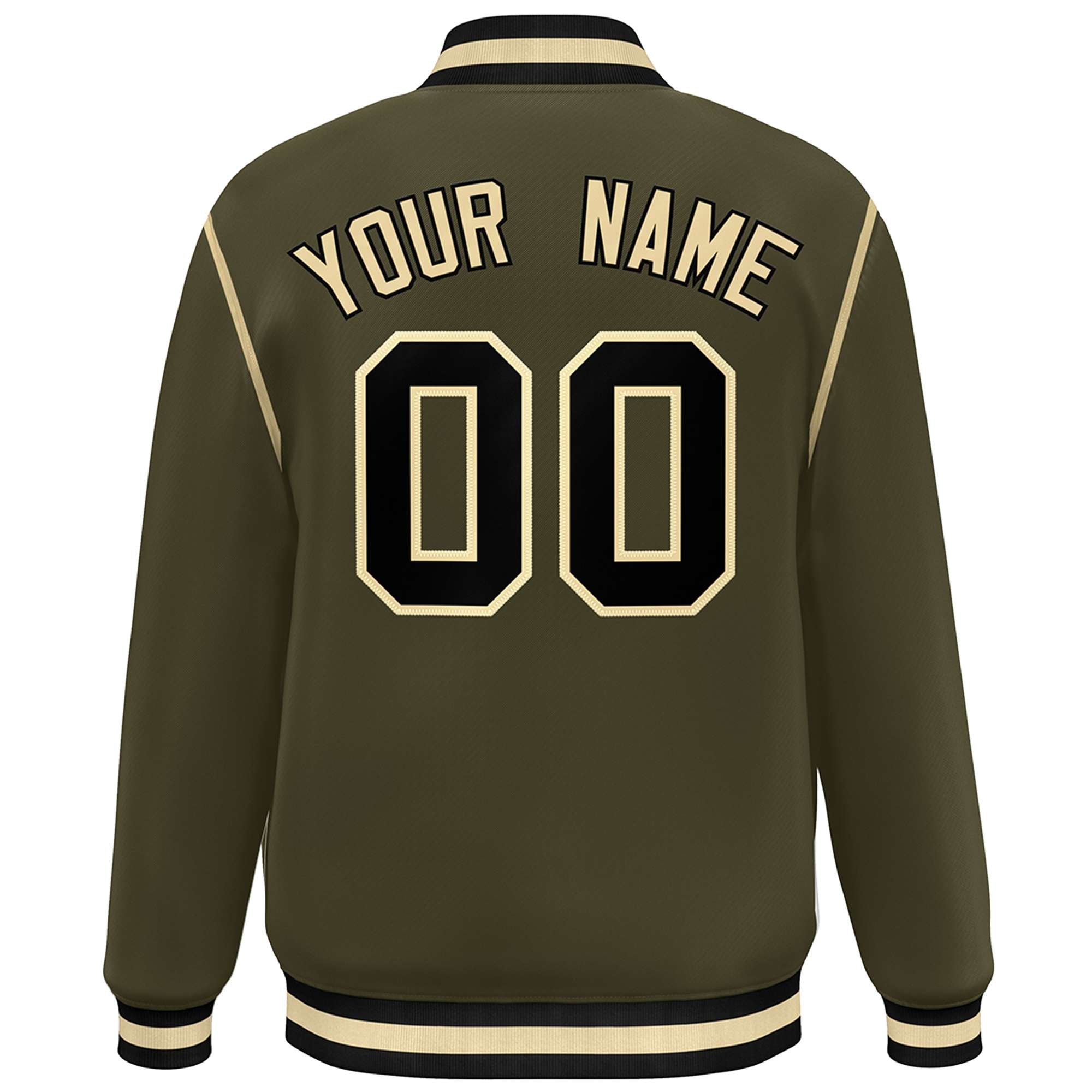 Custom Olive Black-Cream Color Block Ribbon Varsity Full-Snap Bomber Jacket