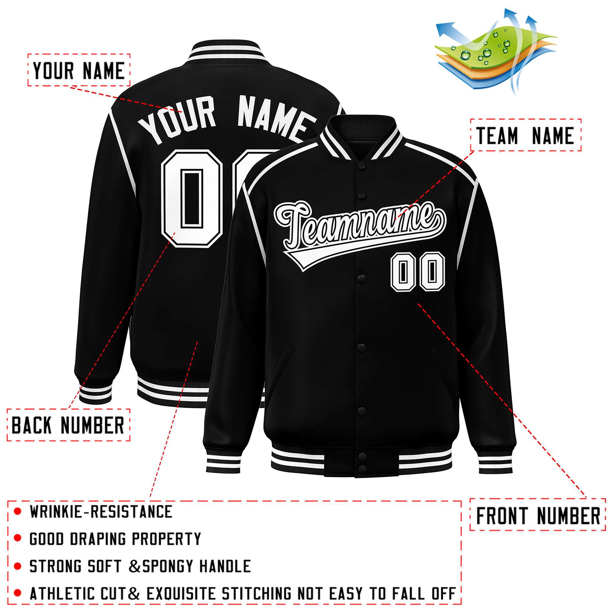 Custom Black White Color Block Ribbon Varsity Full-Snap Bomber Jacket