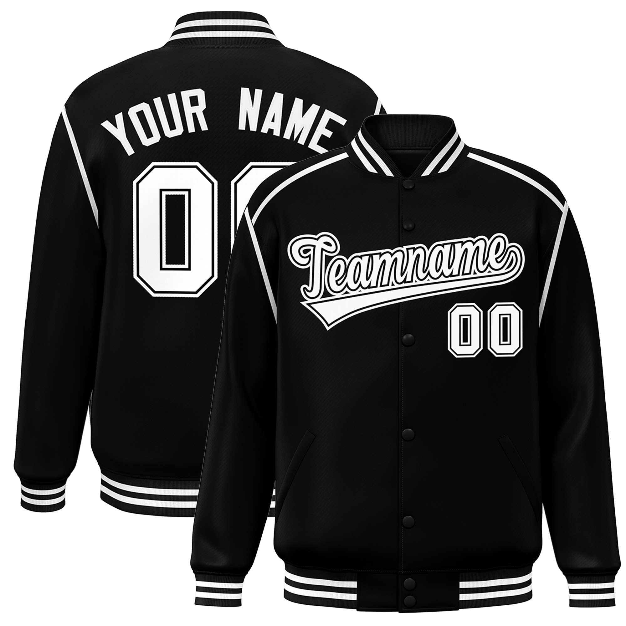 Custom Black White Color Block Ribbon Varsity Full-Snap Bomber Jacket