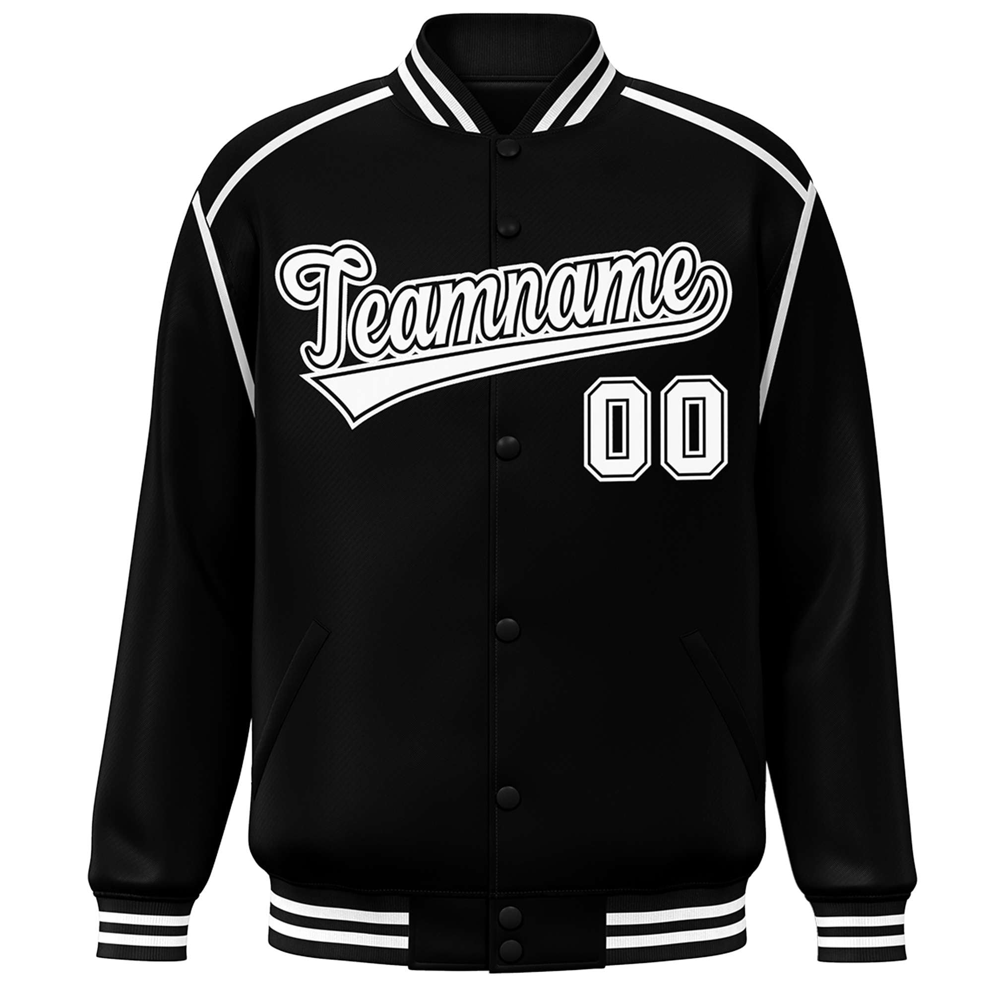 Custom Black White Color Block Ribbon Varsity Full-Snap Bomber Jacket