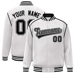 Custom White Black Color Block Ribbon Varsity Full-Snap Bomber Jacket