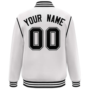 Custom White Black Color Block Ribbon Varsity Full-Snap Bomber Jacket