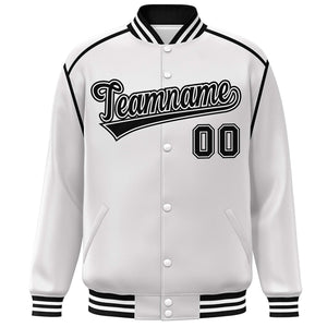 Custom White Black Color Block Ribbon Varsity Full-Snap Bomber Jacket