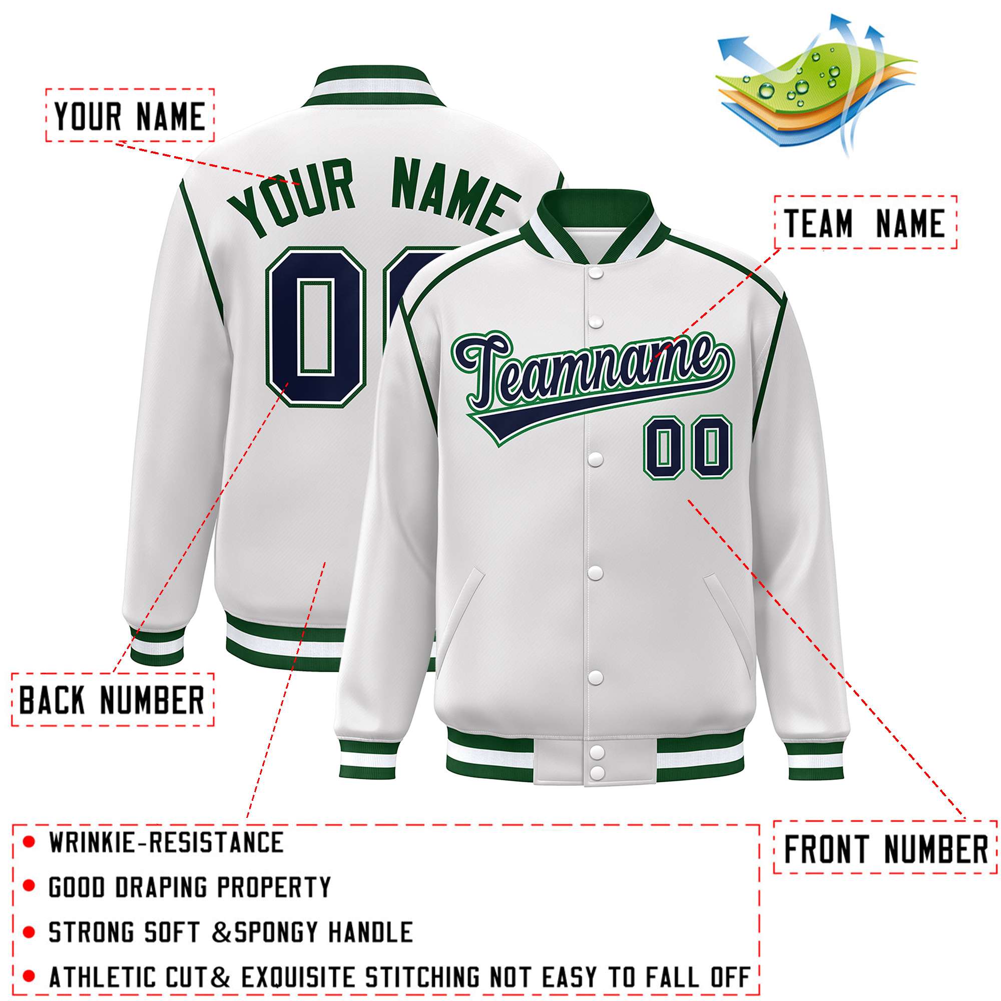 Custom White Navy-Green Color Block Ribbon Varsity Full-Snap Bomber Jacket