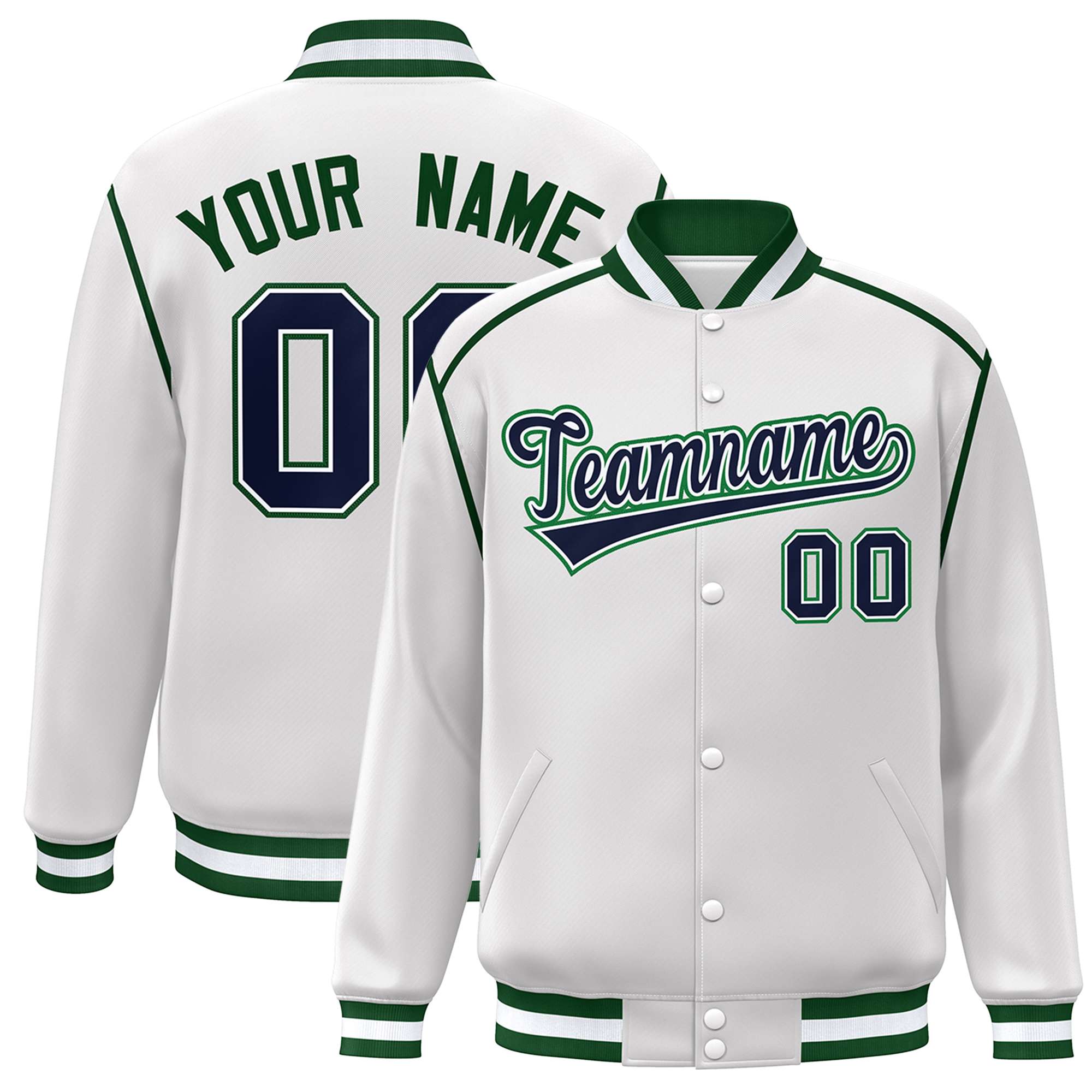 Custom White Navy-Green Color Block Ribbon Varsity Full-Snap Bomber Jacket