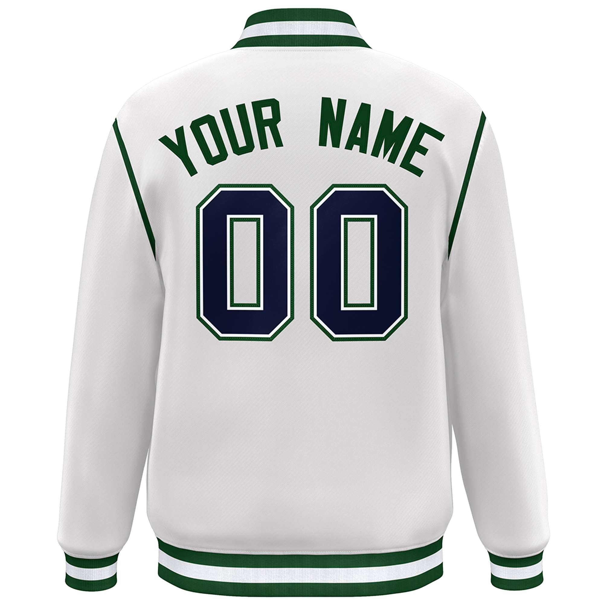 Custom White Navy-Green Color Block Ribbon Varsity Full-Snap Bomber Jacket