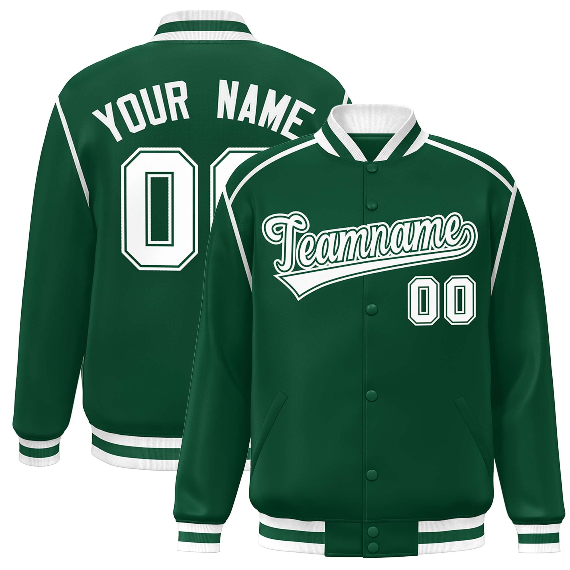 Custom Green White Color Block Ribbon Varsity Full-Snap Bomber Jacket