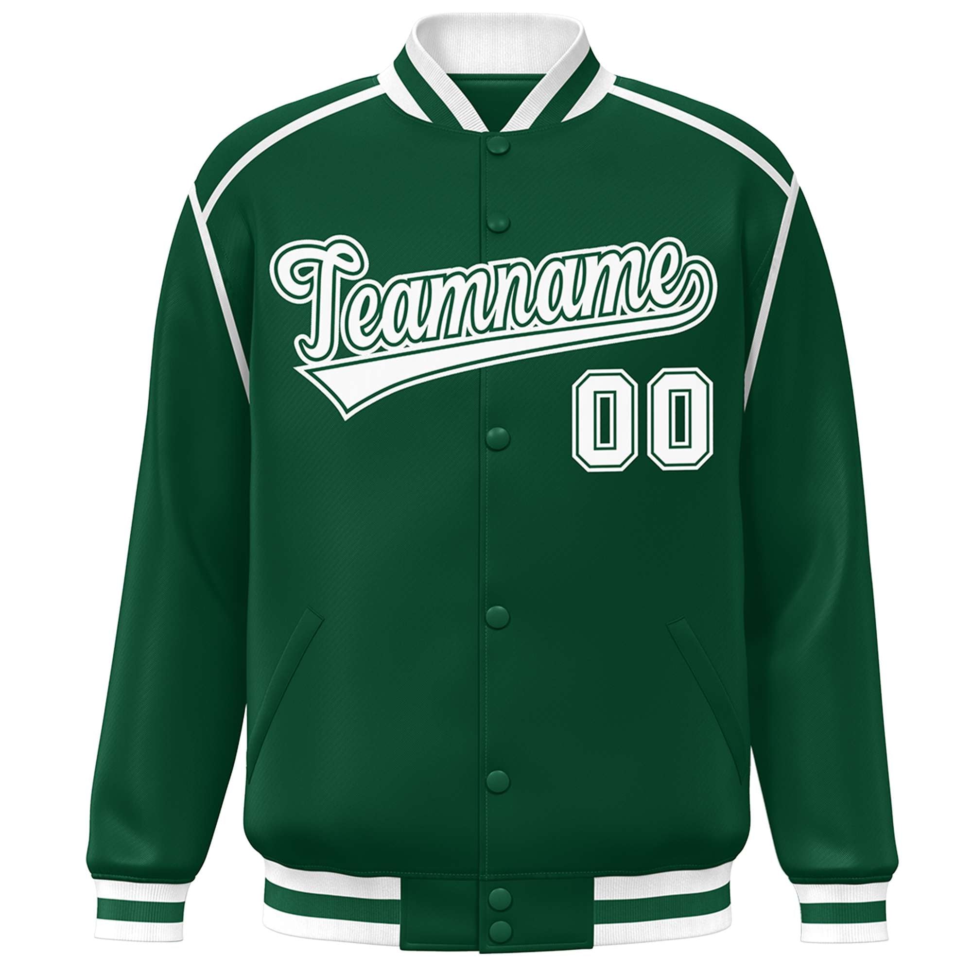 Custom Green White Color Block Ribbon Varsity Full-Snap Bomber Jacket