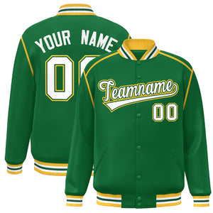 Custom Kelly Green White-Yellow Color Block Ribbon Varsity Full-Snap Bomber Jacket