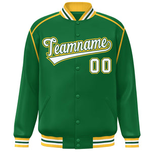 Custom Kelly Green White-Yellow Color Block Ribbon Varsity Full-Snap Bomber Jacket